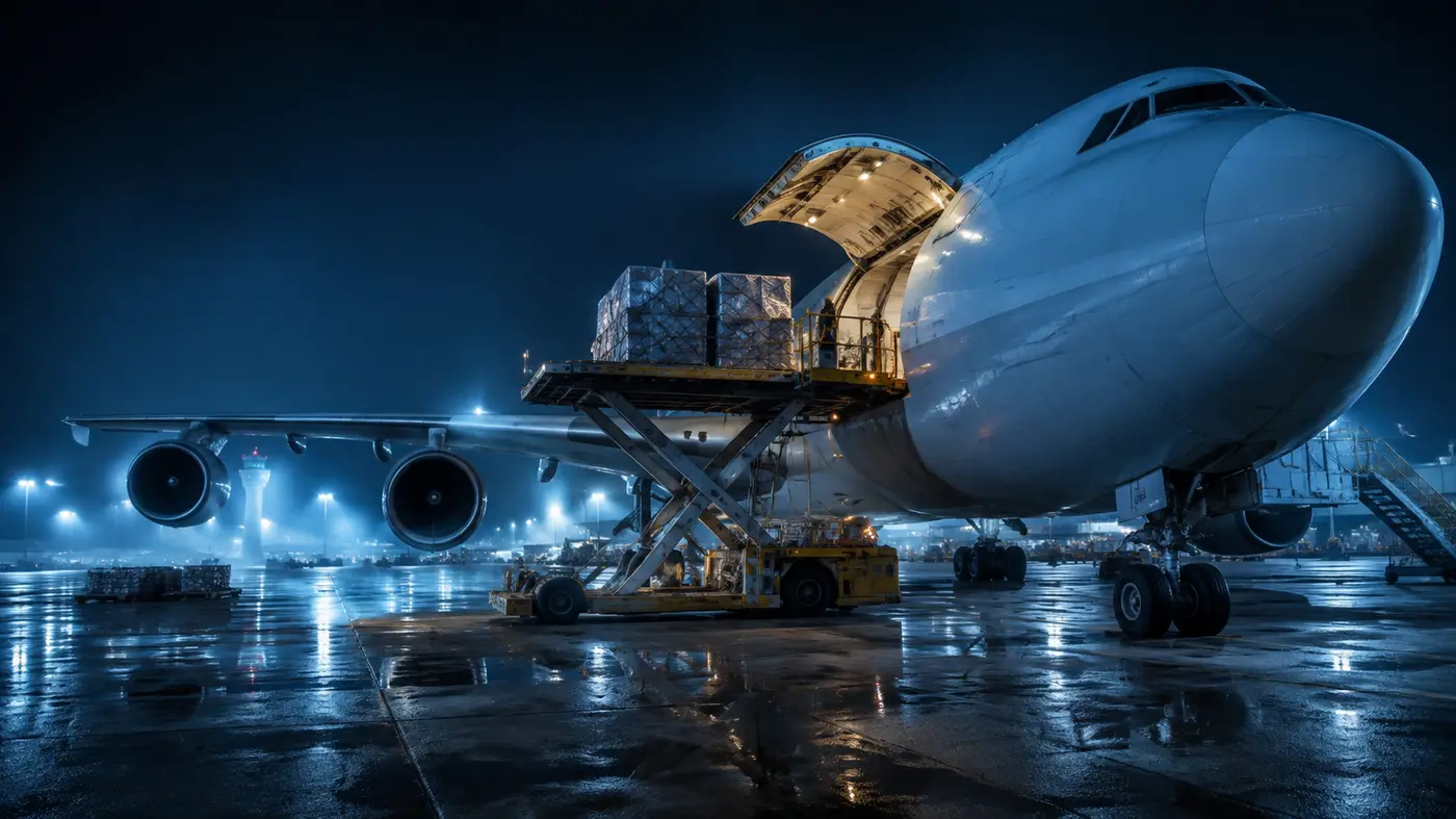 Cargo freighter loading at night