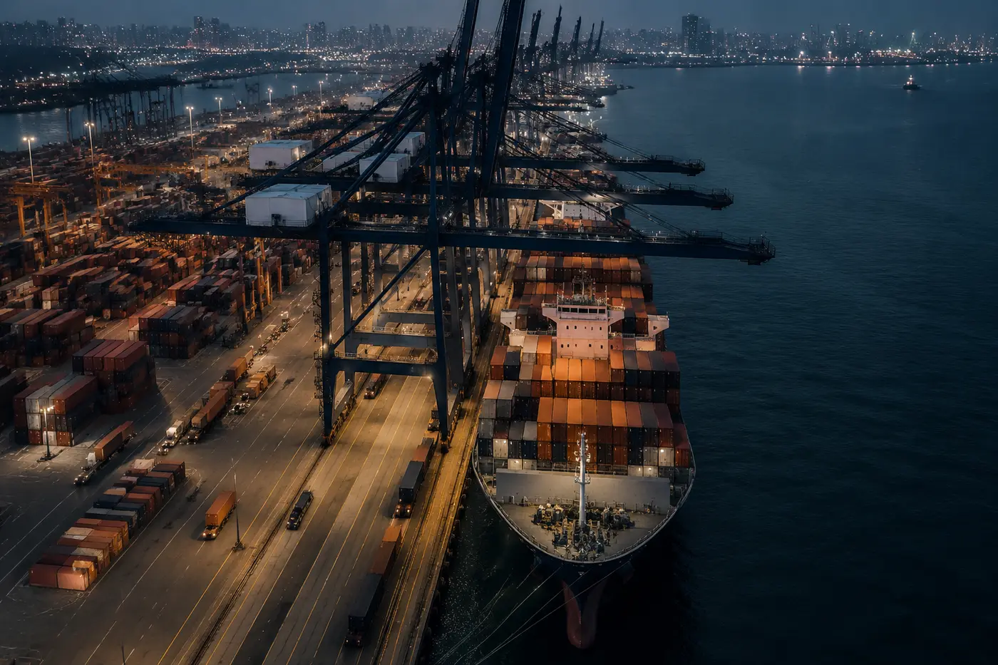 Container ship at berth at dusk